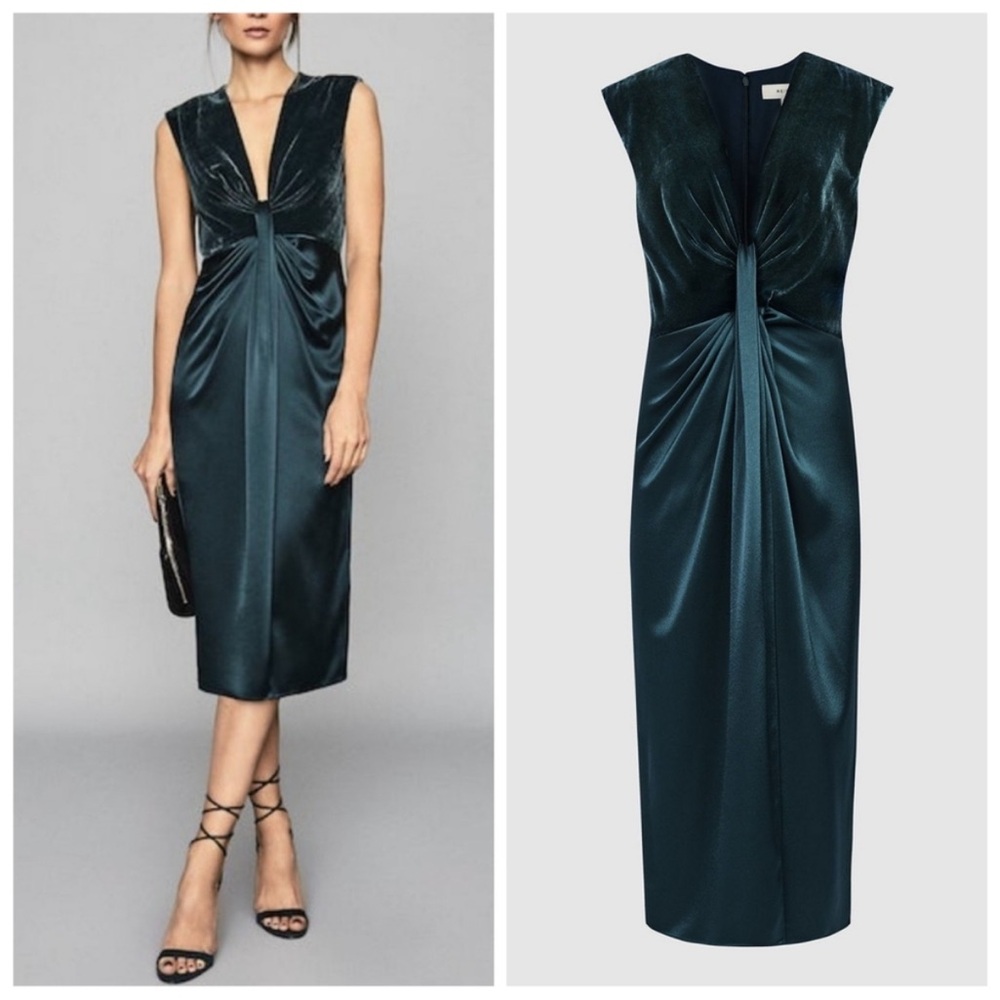 Reiss Teal Satin Twist-Front Sheath Dress
